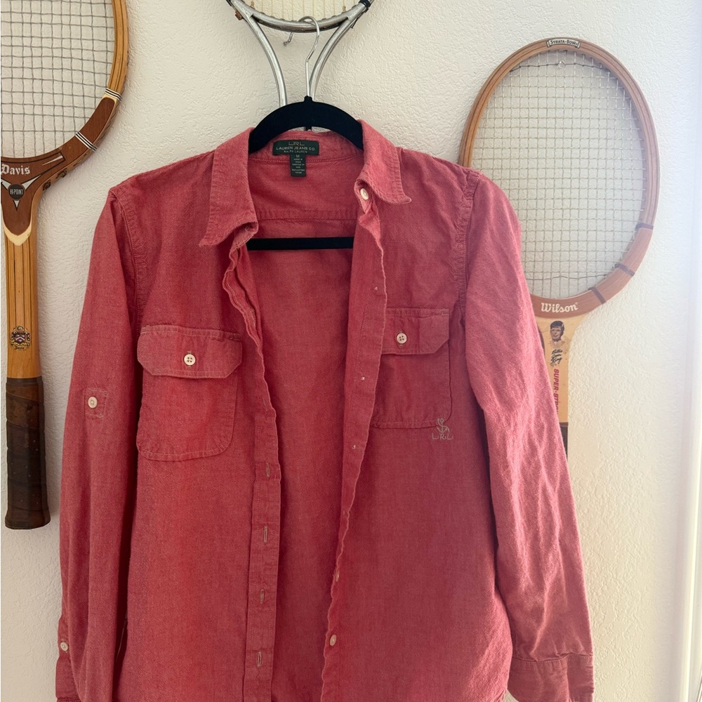 Ralph Lauren, button-down collard top in Brick Red